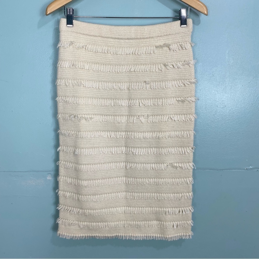 J Crew AS891 Pencil Skirt Fringe Stripe Sweater Cream Sz XS